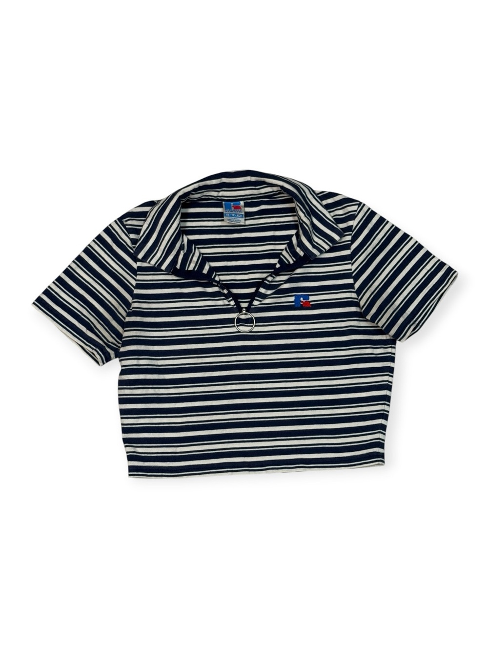 Vintage Russell Athletic Navy & White Striped Crop Polo with Ring Zip